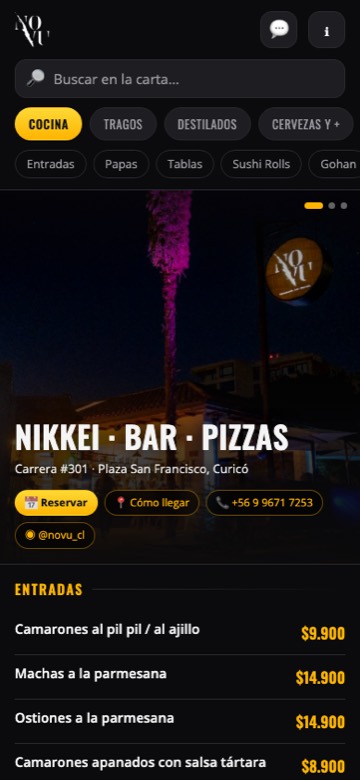 App de Novu: Landing con carta digital
