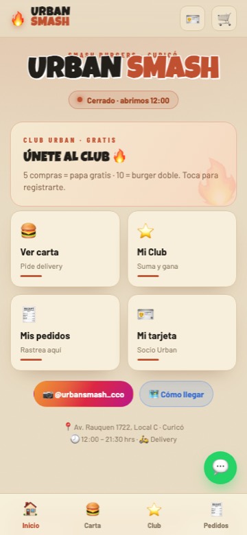 App de Urban Smash: Landing con pedidos y fidelidad